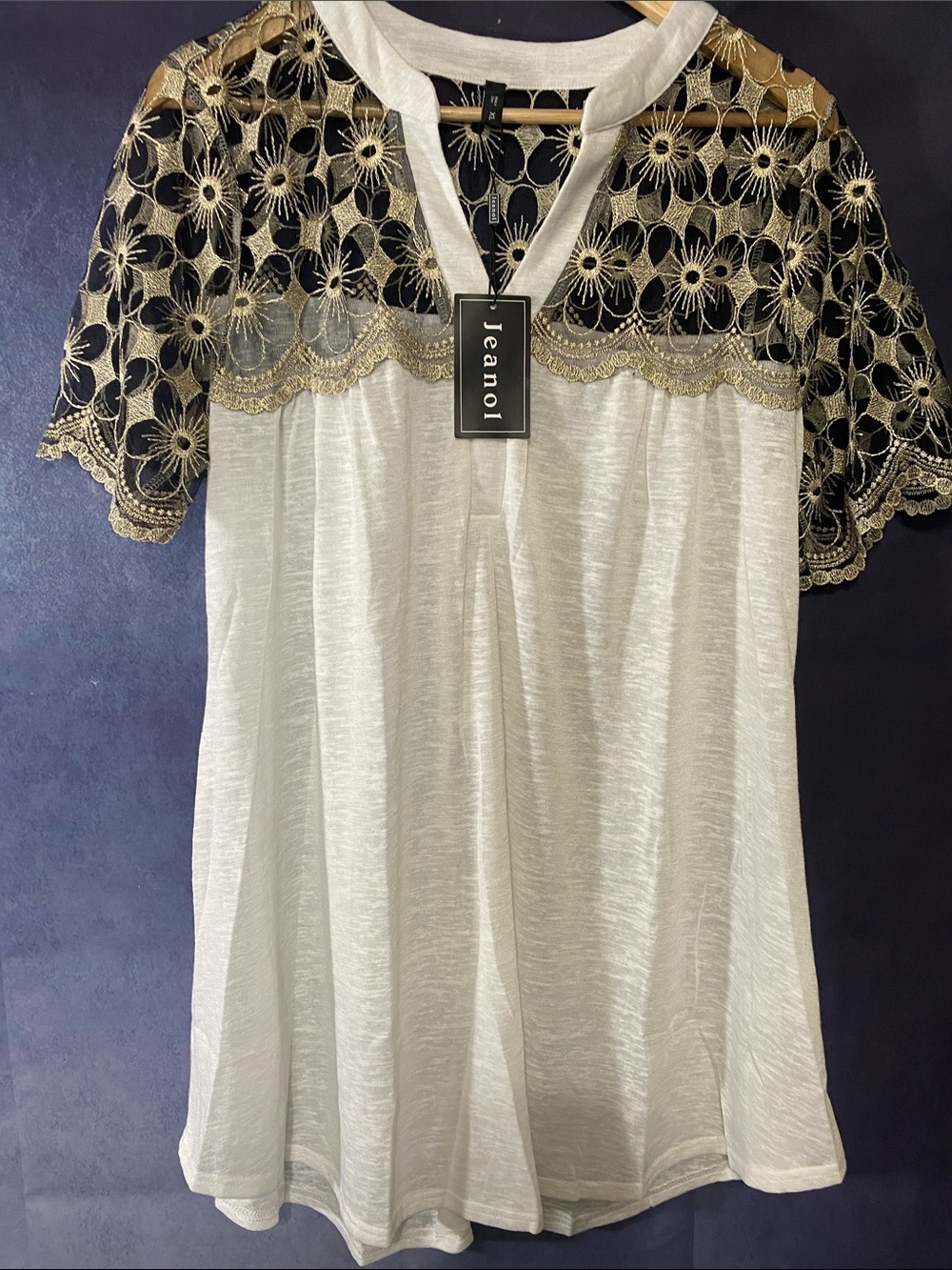 White Short-Sleeve Blouse with Black & Gold Lace Yoke